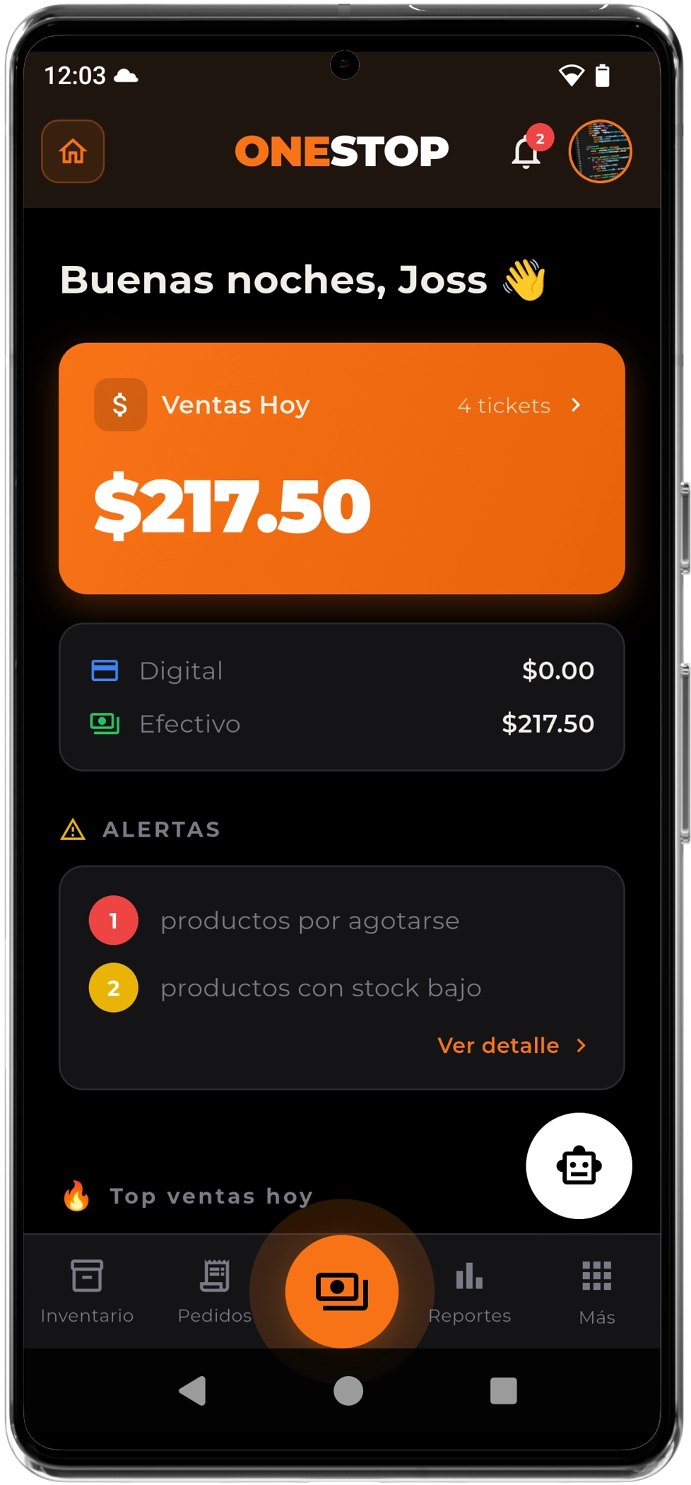 Pantalla principal de la app ONESTOP con ventas del día