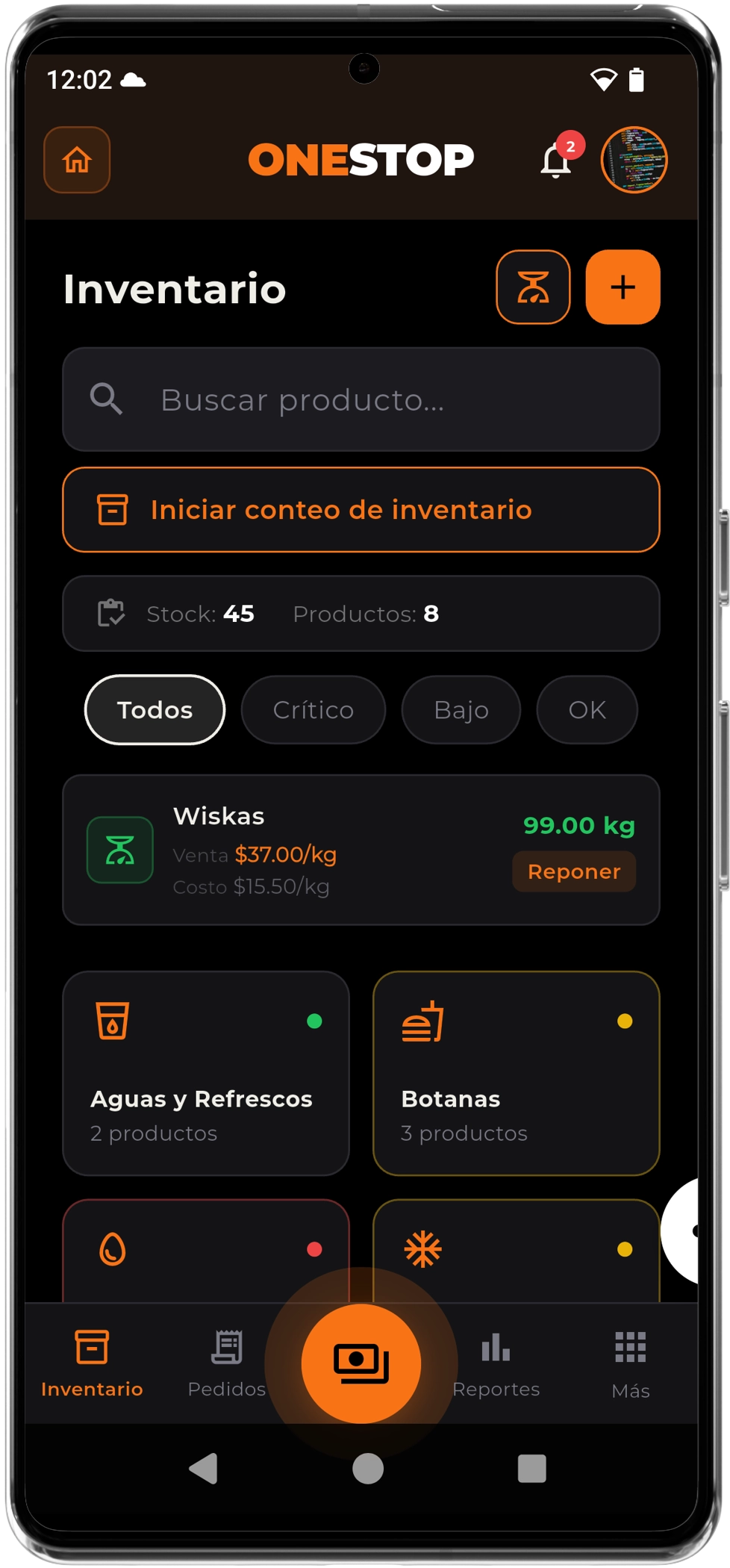 Pantalla de inventario en la app ONESTOP