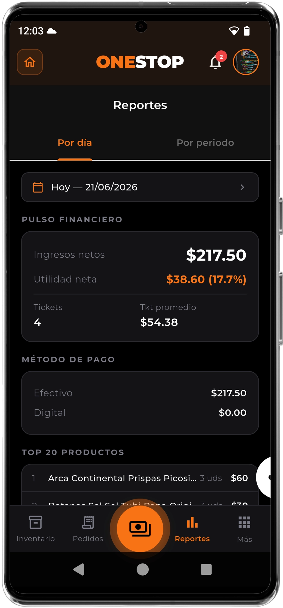 Pantalla de reportes de ventas en la app ONESTOP
